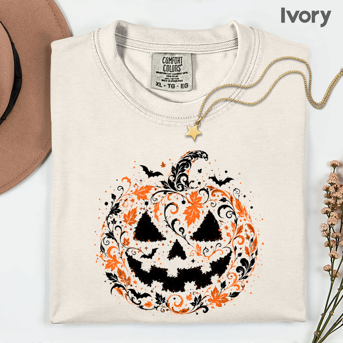 Halloween Pumpkin Face Floral Swirl Gothic T-Shirt, Intricate Spooky Pumpkin Tee