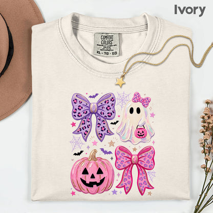 Coquette Halloween Ghost Pink Pumpkin Leopard Bow T-Shirt, Spooky Cute Tee