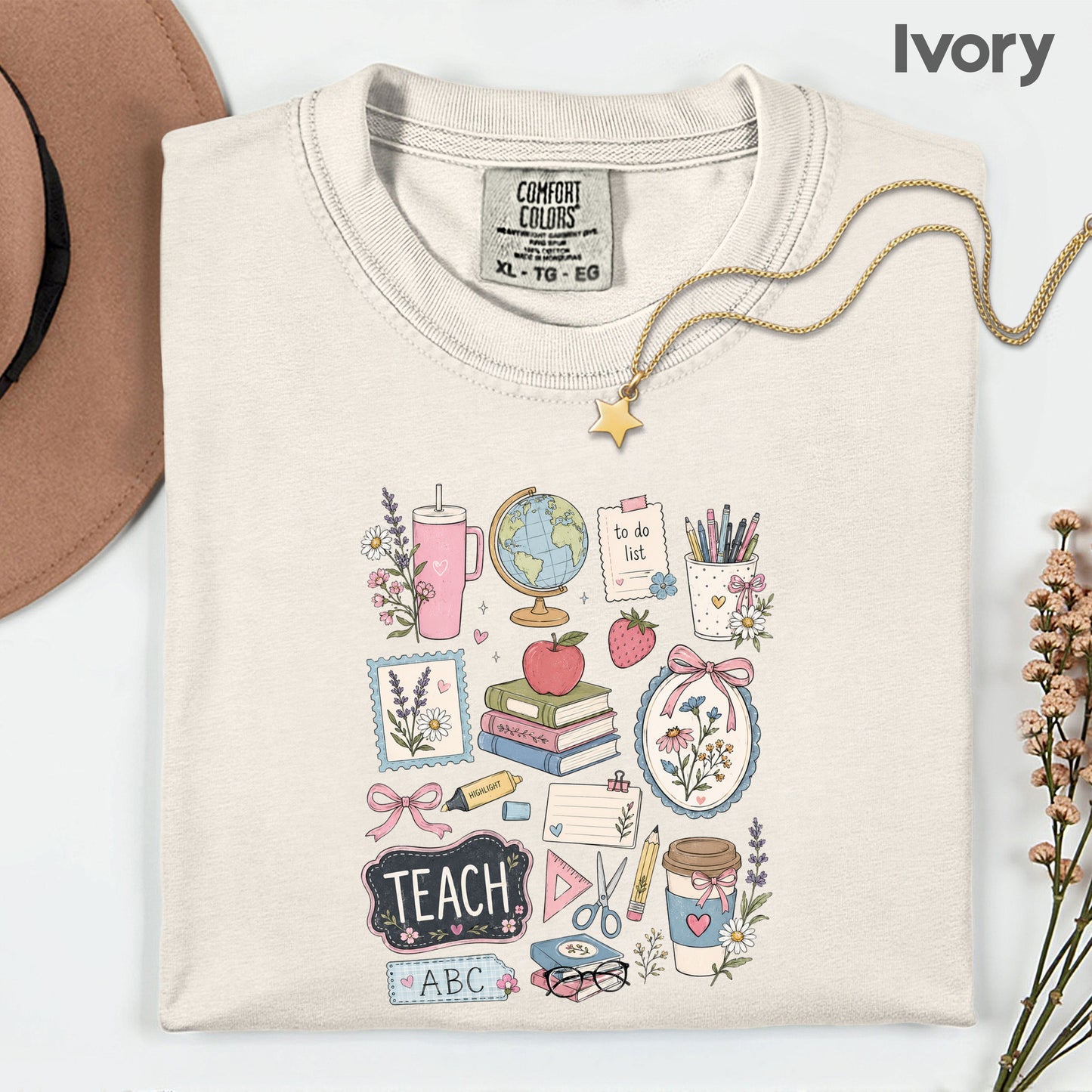 Cute Teacher Supplies Coquette T-Shirt, Books Coffee Globe Pink Bows Back to School Tee