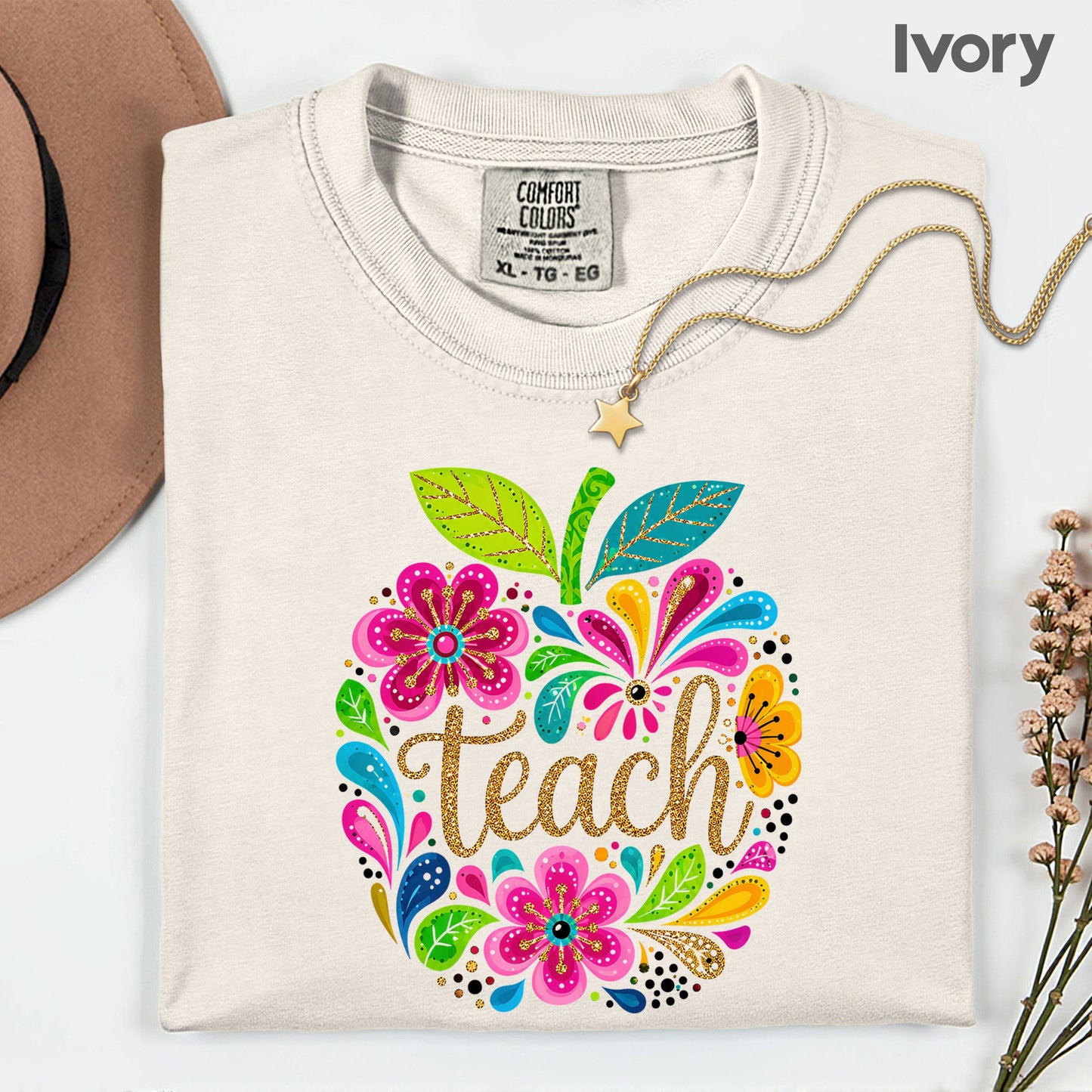Teacher Teach Floral Apple T-Shirt, Colorful Back to School Teacher Life Tee