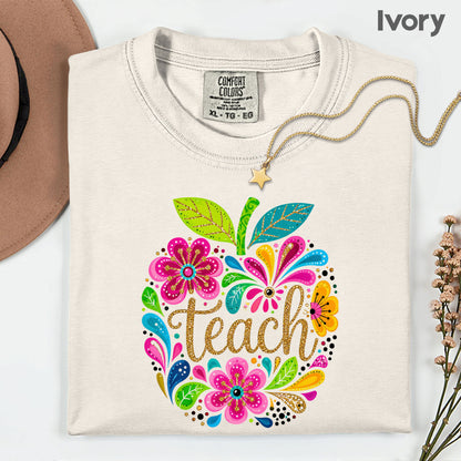 Teacher Teach Floral Apple T-Shirt, Colorful Back to School Teacher Life Tee