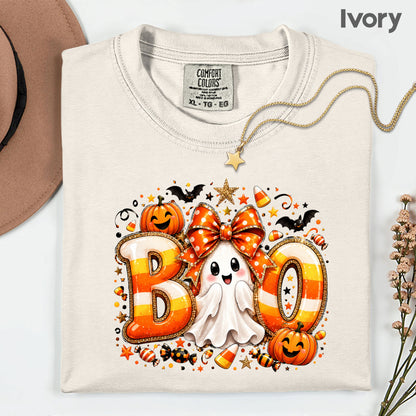 Halloween Boo Ghost Orange Bow T-Shirt, Candy Corn Pumpkin Spooky Season Tee