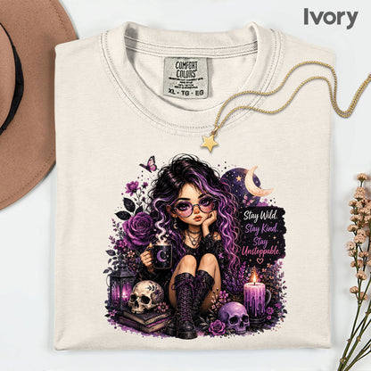 Stay Wild Stay Kind Goth Girl Skull T-Shirt, Purple Crescent Moon Witchy Tee