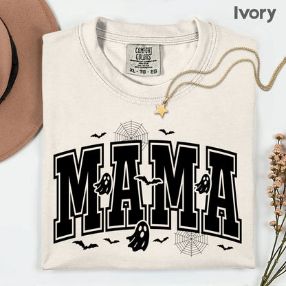 Mama Halloween Spooky Ghost Bats T-Shirt, Varsity Cute Mom Tee