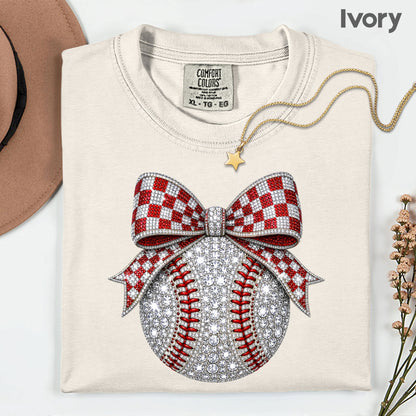 Coquette Baseball Sparkle T-Shirt, Red Checkered Bow Sports Mom Girl Tee