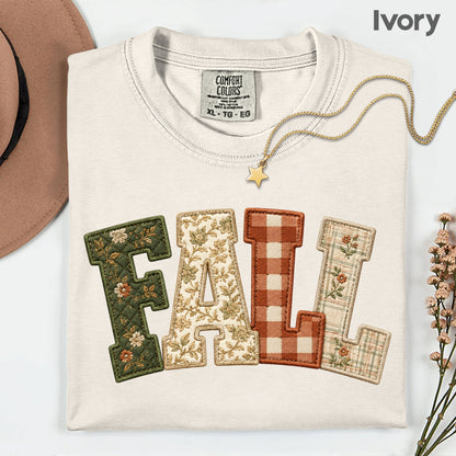 Fall Patchwork Chenille Letters T-Shirt, Quilted Plaid Autumn Thanksgiving Comfort Color Tee