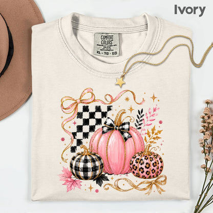 Pink Coquette Fall Pumpkin T-Shirt, Leopard Plaid Ribbon Bow Checkered Autumn Tee
