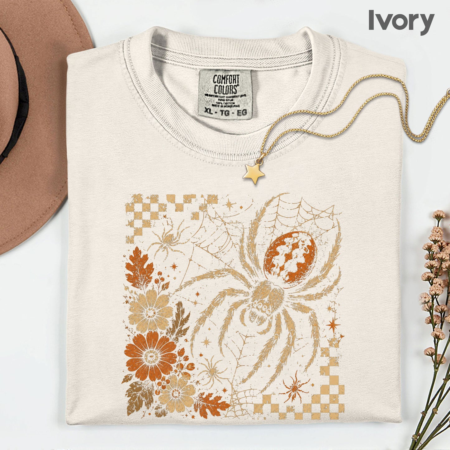 Vintage Fall Halloween Spider T-Shirt, Floral Spiderweb Checkered Spooky Season Tee