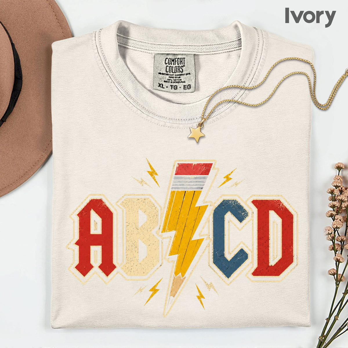 AB CD Lightning Bolt Pencil Teacher T-Shirt, Rock N Roll Back to School Comfort Color Tee