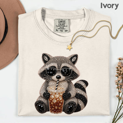 Cool Raccoon Iced Coffee T-Shirt, Sunglasses Trash Panda Rhinestone Tee Sweatshirt
