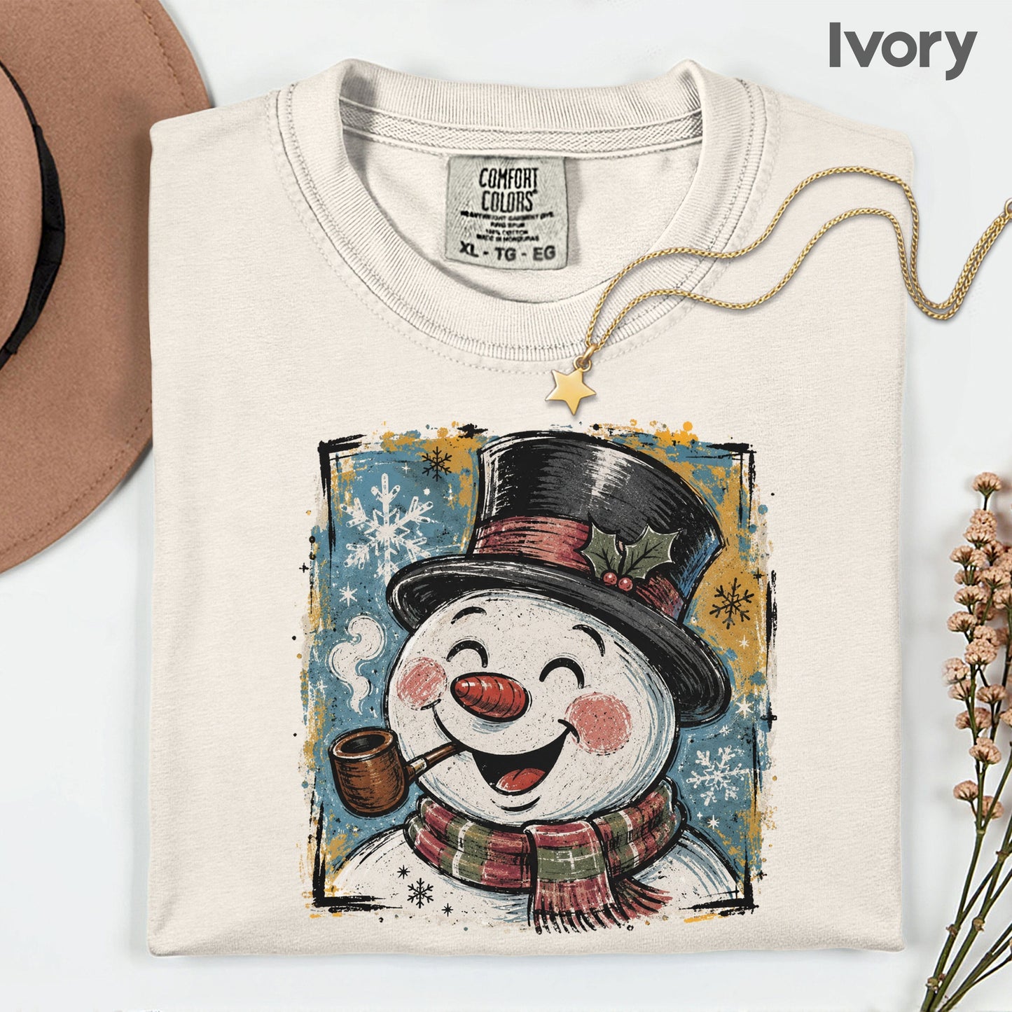 Vintage Snowman Christmas T-Shirt, Top Hat Pipe Snowflakes Scarf Comfort Color Tee
