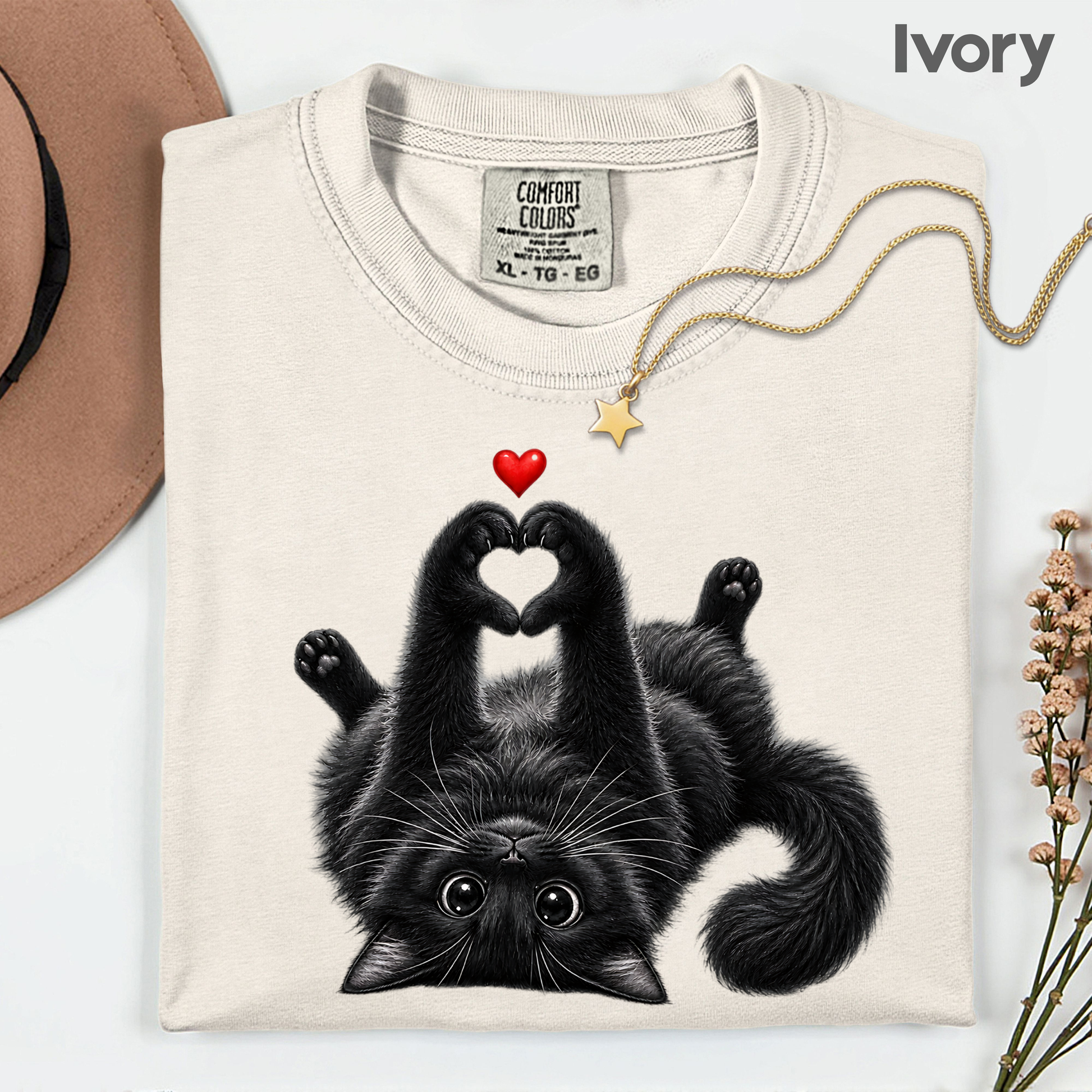 Black Cat Heart Hands T-Shirt, Cute Kitty Kitten Lover Heart Paws Love Tee