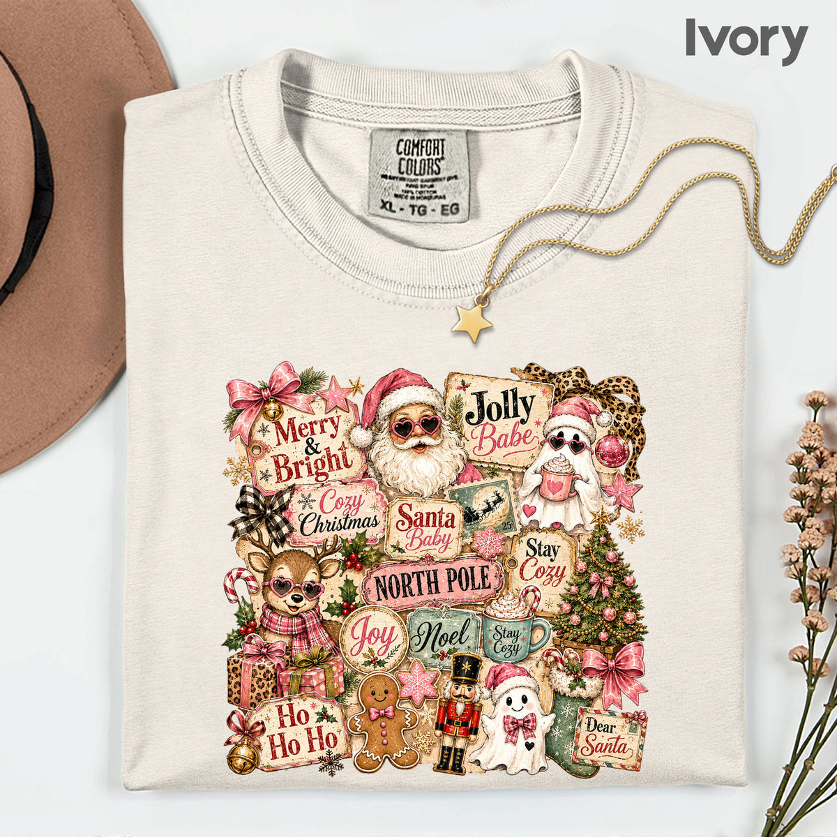 Cozy Pink Christmas Collage T-Shirt, Santa Reindeer Gingerbread Nutcracker North Pole Holiday Tee
