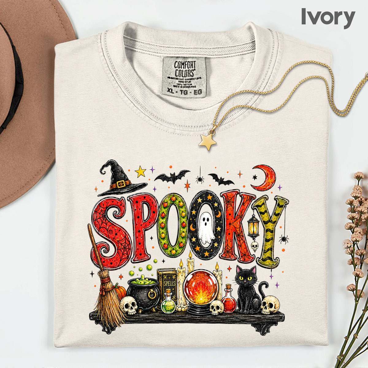 Halloween Witch Shelf Black Cat T-Shirt, Crystal Ball Cauldron Potion Skull Spooky Tee