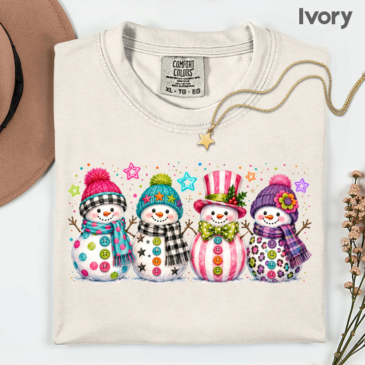 Christmas Colorful Snowmen T-Shirt, Cute Winter Snowman Beanies Scarves Holiday Tee