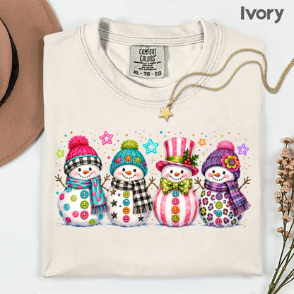 Christmas Colorful Snowmen T-Shirt, Cute Winter Snowman Beanies Scarves Holiday Tee