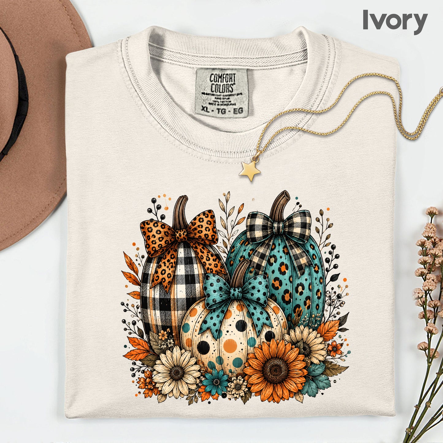 Fall Leopard Plaid Pumpkins T-Shirt, Teal Orange Floral Thanksgiving Tee