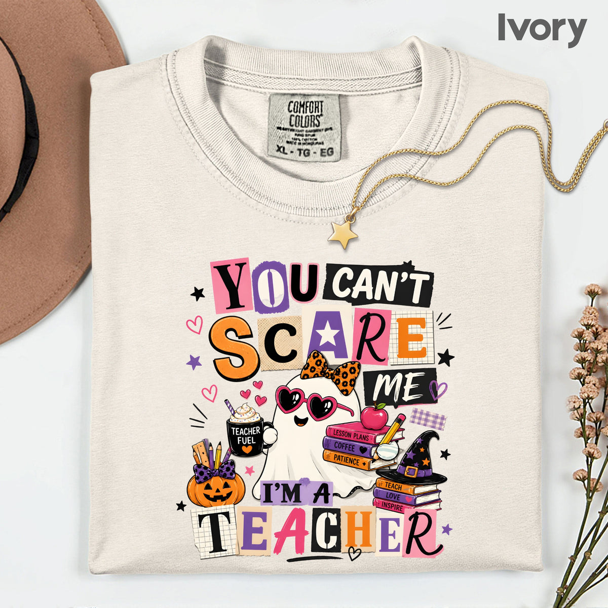 You Can't Scare Me Teacher Halloween T-Shirt, Ghost Books Coffee Comfort Color Tee