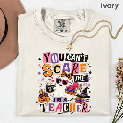 You Can't Scare Me Teacher Halloween T-Shirt, Ghost Books Coffee Comfort Color Tee