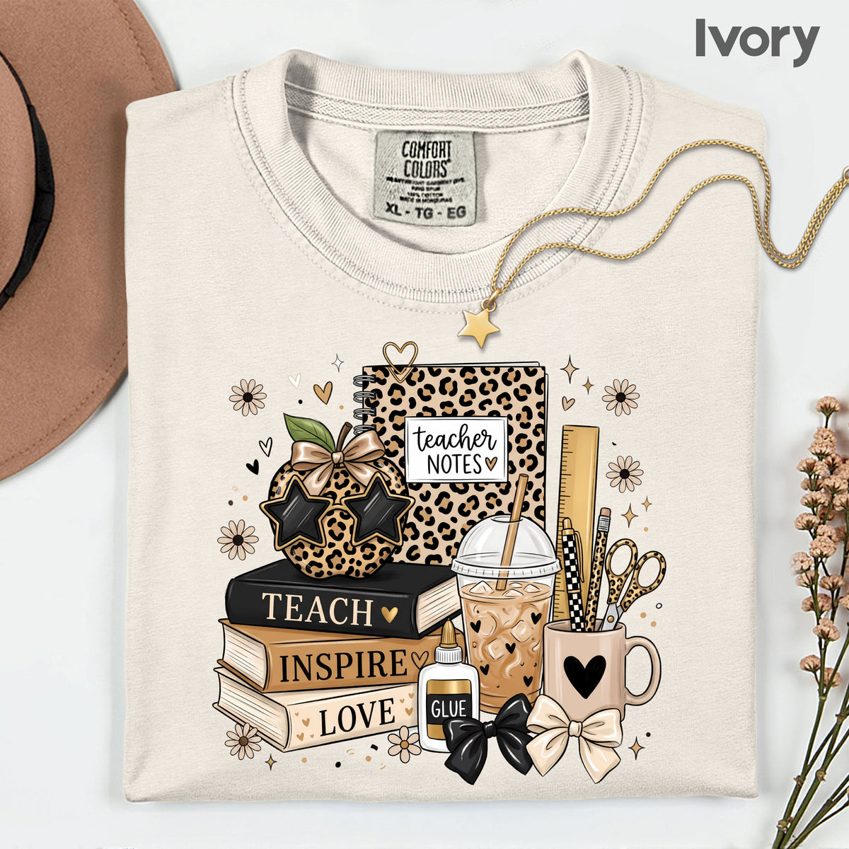 Teach Inspire Love Leopard Teacher T-Shirt, Notebook Coffee Iced Drink Comfort Color Tee