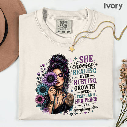 Inspirational Healing Woman She Chooses Healing Over Hurting T-Shirt, Floral Messy Bun Sunflower Tee