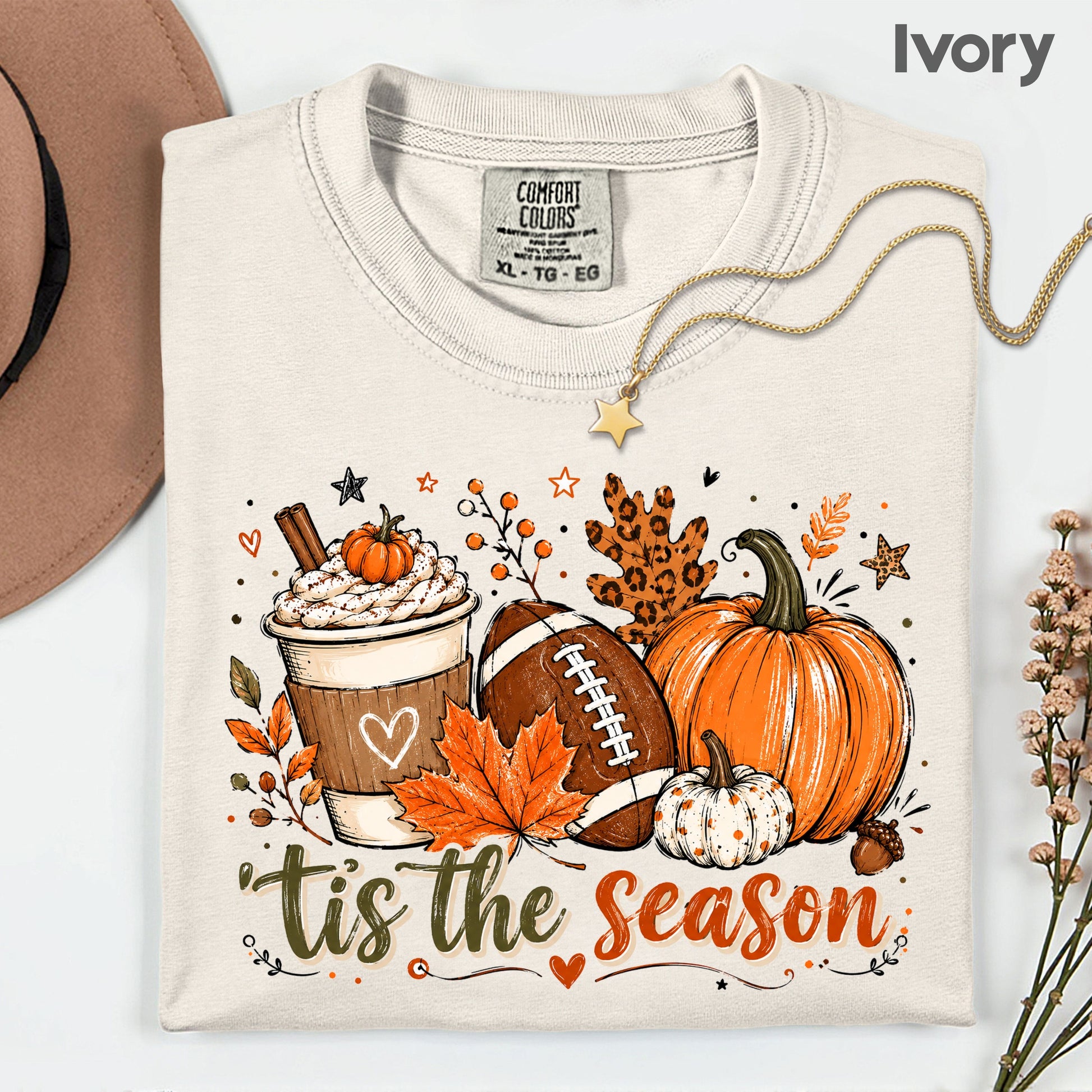 Tis the Season Football Fall T-Shirt, Pumpkin Spice Coffee Thanksgiving Tee