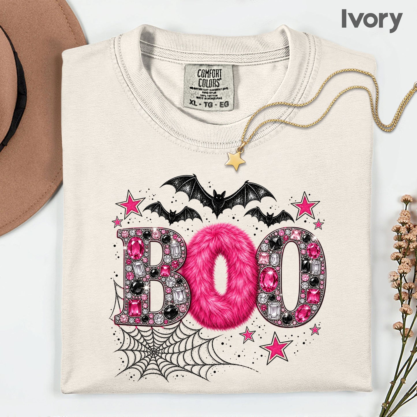 Boo Pink Glitter Bats Halloween T-Shirt, Spider Web Sparkle Comfort Color Tee