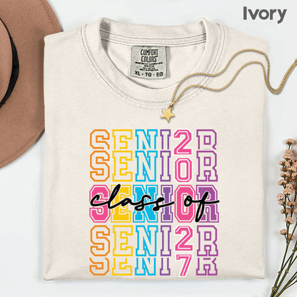 Senior Class of 2027 Colorful Retro T-Shirt, Stacked Varsity Letters Pastel Graduation Tee