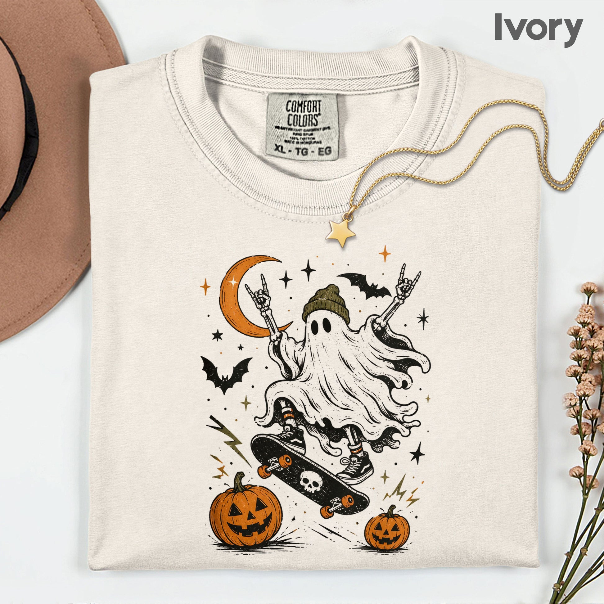 Halloween Skater Ghost Rock On T-Shirt, Skateboarding Skeleton Crescent Moon Pumpkins Bats Tee