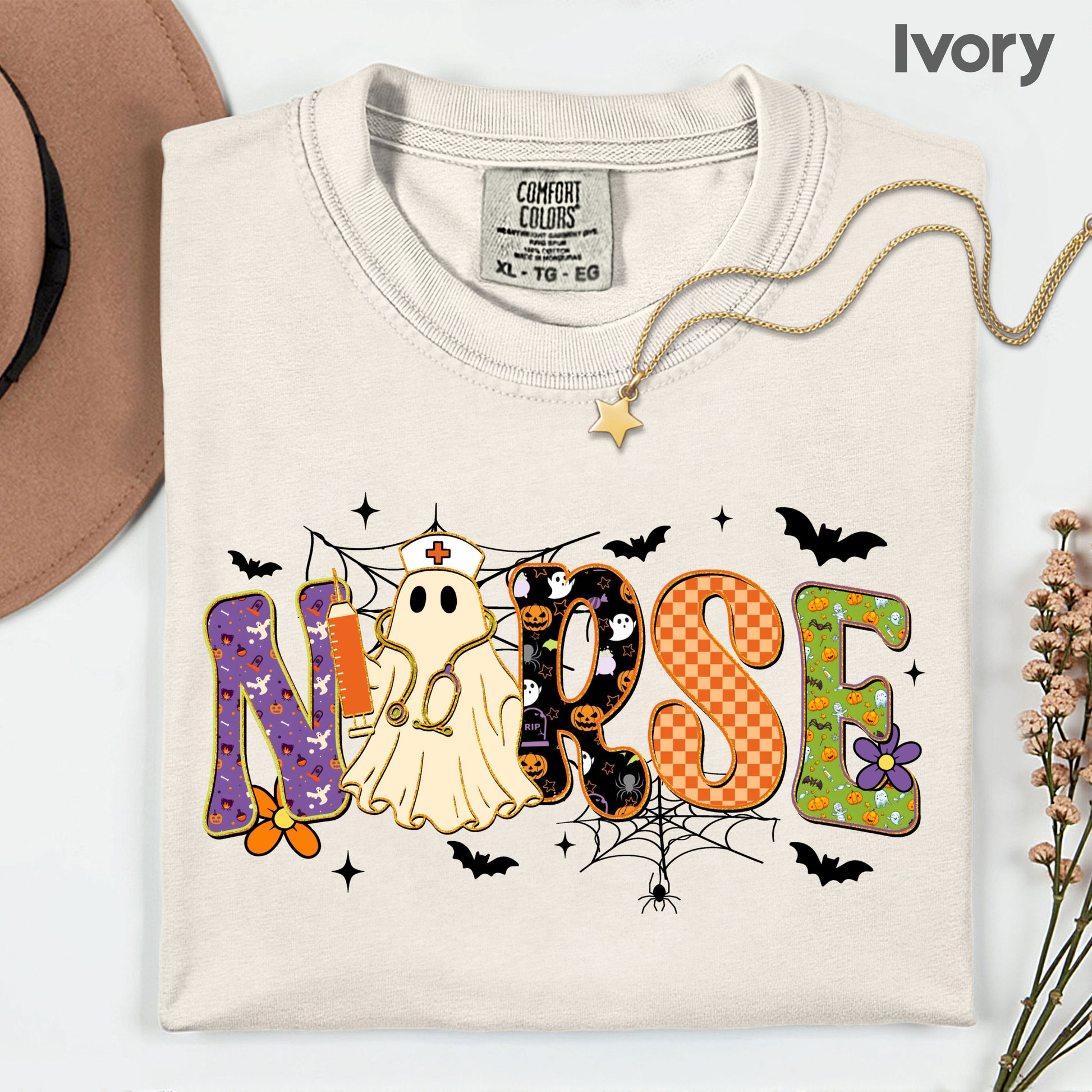 Halloween Nurse Ghost T-Shirt, Spooky Nurse Life Hat Syringe Bats Tee