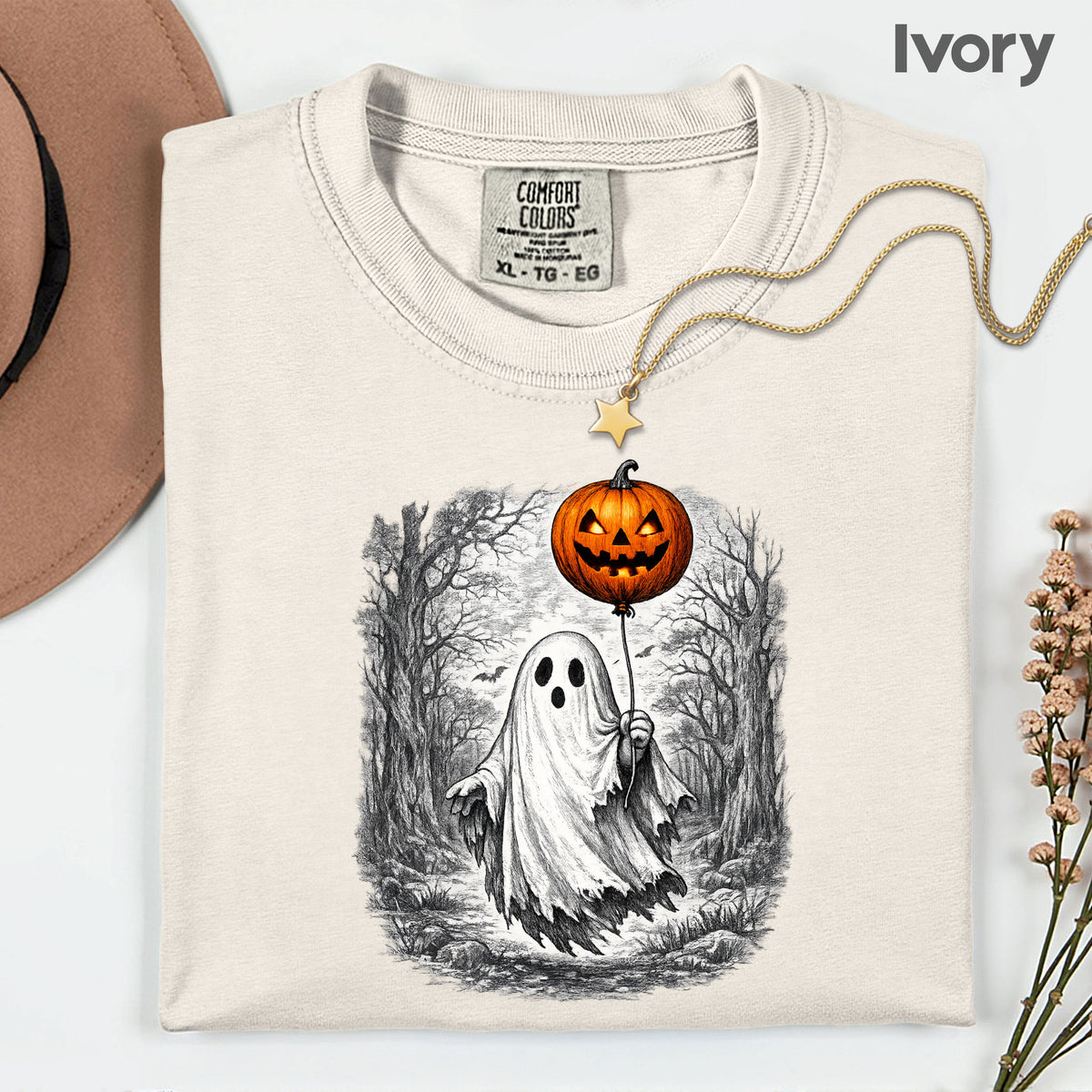Vintage Halloween Ghost Pumpkin Balloon T-Shirt, Spooky Forest Retro Tee