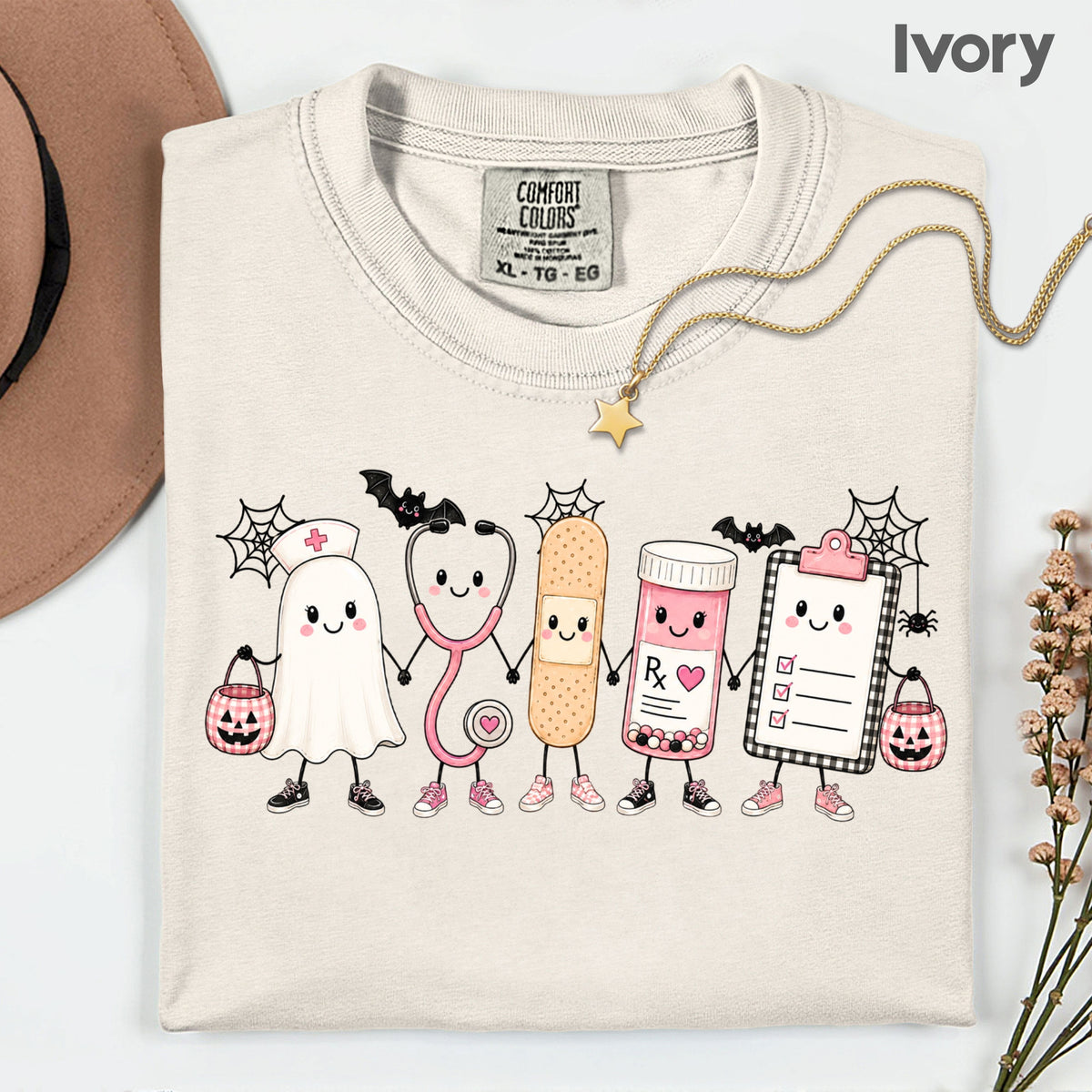 Pink Spooky Nurse Squad Halloween T-Shirt, Ghost Stethoscope Medical Bandage Tee