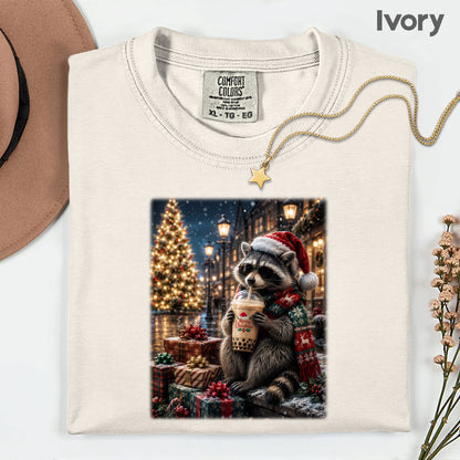 Christmas Raccoon Santa Hat T-Shirt, Coffee Drink Cute Holiday Winter Comfort Color Tee