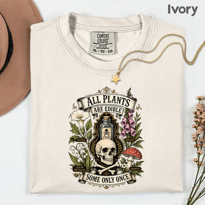Funny Botanical All Plants Are Edible T-Shirt, Poisonous Mushroom Skull Vintage Tee