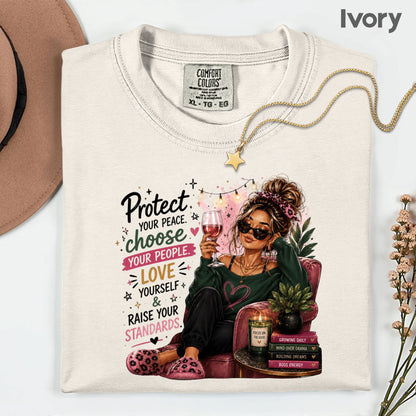 Inspirational Self Care Girl Protect Your Peace T-Shirt, Love Yourself Wine Woman Quote Tee