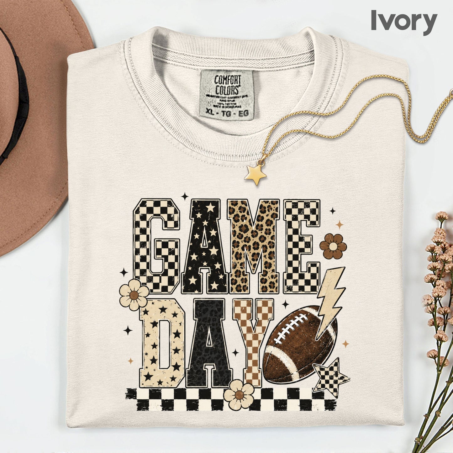 Game Day Leopard Football T-Shirt, Checkered Lightning Bolt Retro Western Tee Sweatshirt