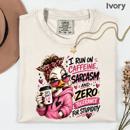 Funny Duck Caffeine T-Shirt, I Run on Caffeine Coffee Messy Bun Leopard Bow Women Tee