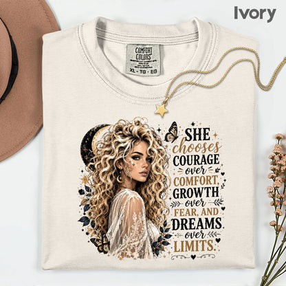 She Chooses Courage Inspirational T-Shirt, Blonde Woman Butterfly Crescent Moon Tee Sweatshirt