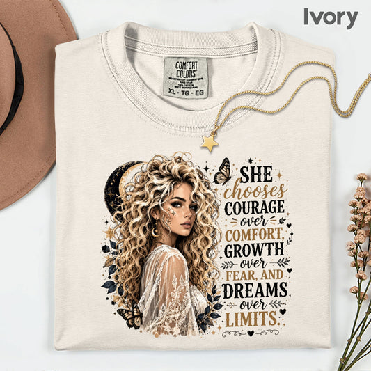 She Chooses Courage Inspirational T-Shirt, Blonde Woman Butterfly Crescent Moon Tee Sweatshirt