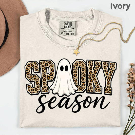 Halloween Spooky Season Ghost T-Shirt, Leopard Print Cheetah Varsity Letters Tee
