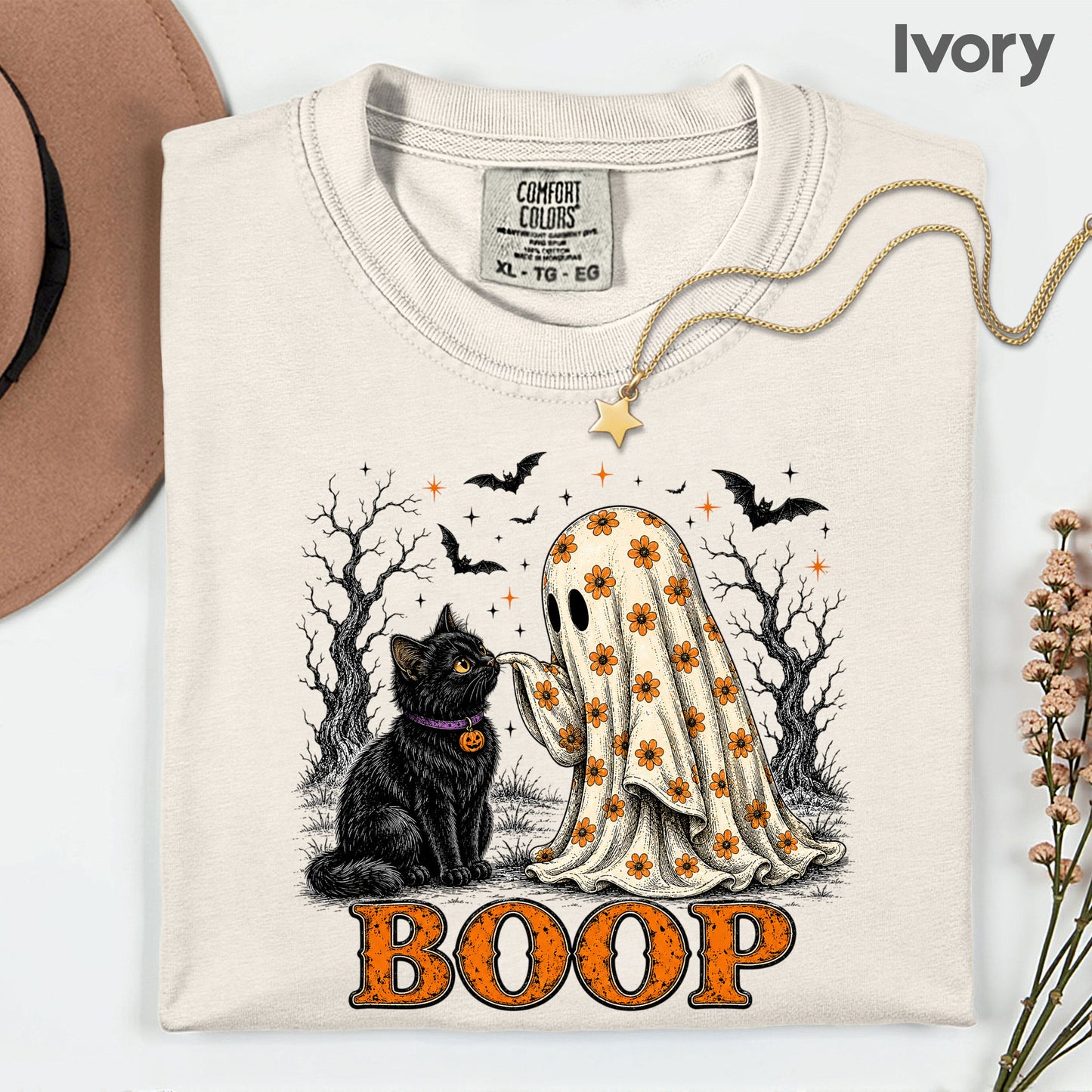 Halloween Ghost Boop Black Cat T-Shirt, Spooky Season Ghost Tee