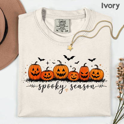 Spooky Season Jack O Lantern T-Shirt, Pumpkin Patch Bats Cursive Halloween Tee Sweatshirt