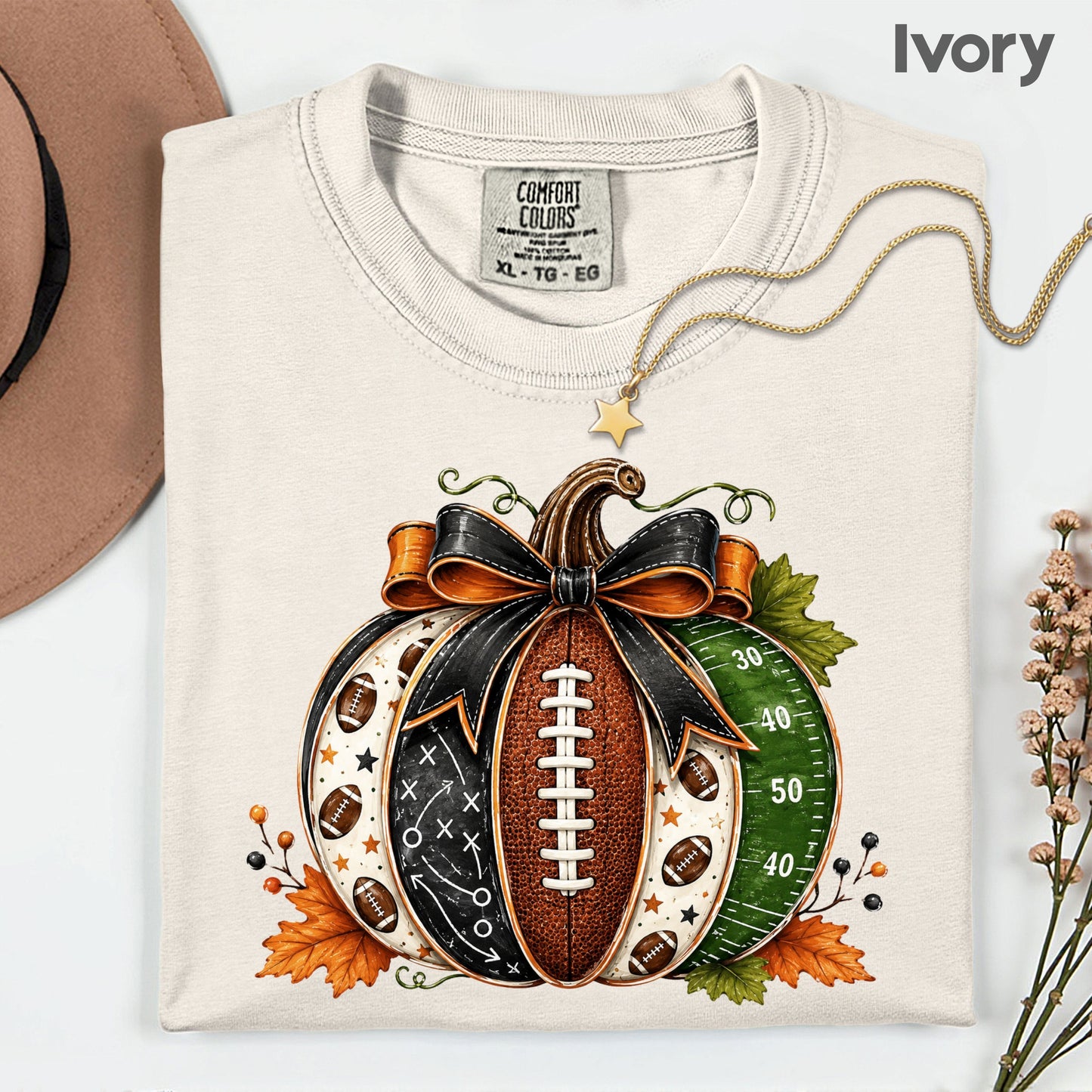 Football Pumpkin Bow Fall T-Shirt, Game Day Football Field Patchwork Autumn Tee
