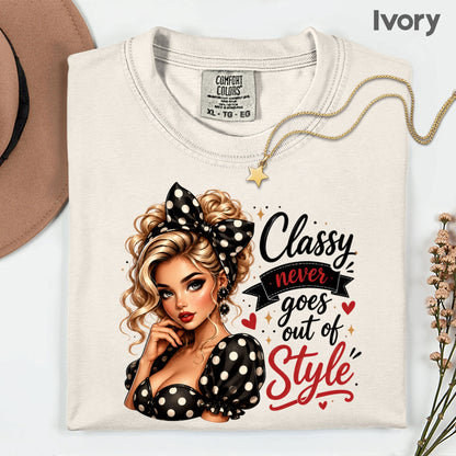 Classy Never Goes Out of Style Pinup Girl T-Shirt, Vintage Polka Dot Bow Tee Sweatshirt