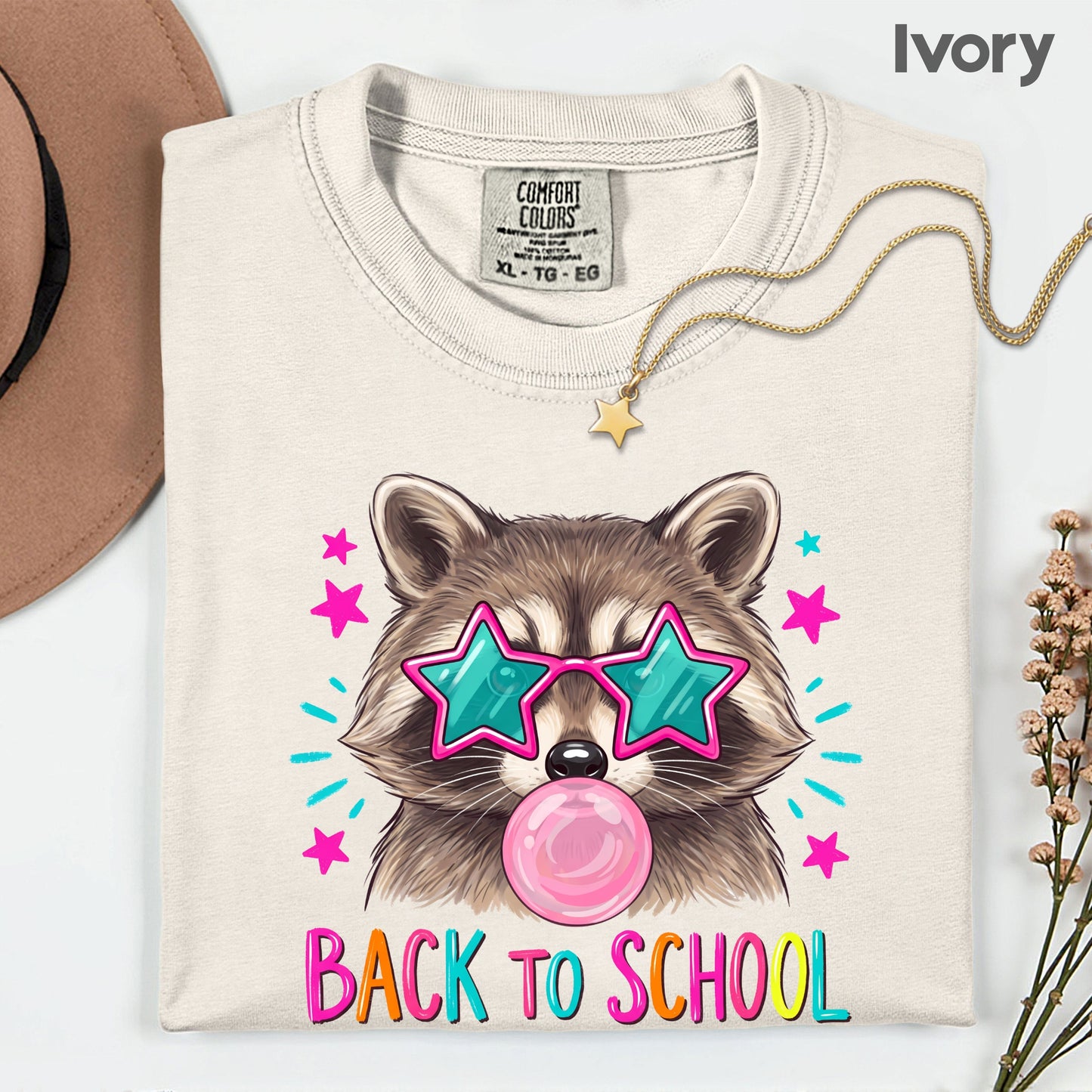 Back to School Raccoon T-Shirt, Star Sunglasses Bubblegum Trash Panda Comfort Color Tee