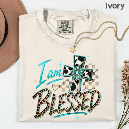 I Am Blessed Western Cross Cow Print T-Shirt, Turquoise Leopard Faith Tee