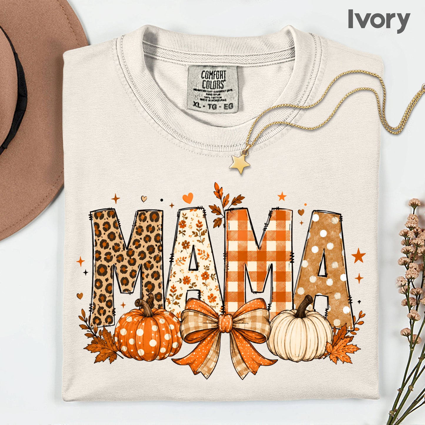 Fall Mama Pumpkin Leopard Plaid T-Shirt, Varsity Letters Autumn Leaves Bow Thanksgiving Mom Tee