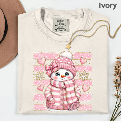 Cute Pink Snowgirl Winter T-Shirt, Snowman Beanie Bow Pink Stripes Hearts Tee