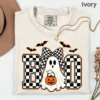 Boo Checkered Bow Ghost Halloween T-Shirt, Pumpkin Bucket Bats Retro Tee Sweatshirt