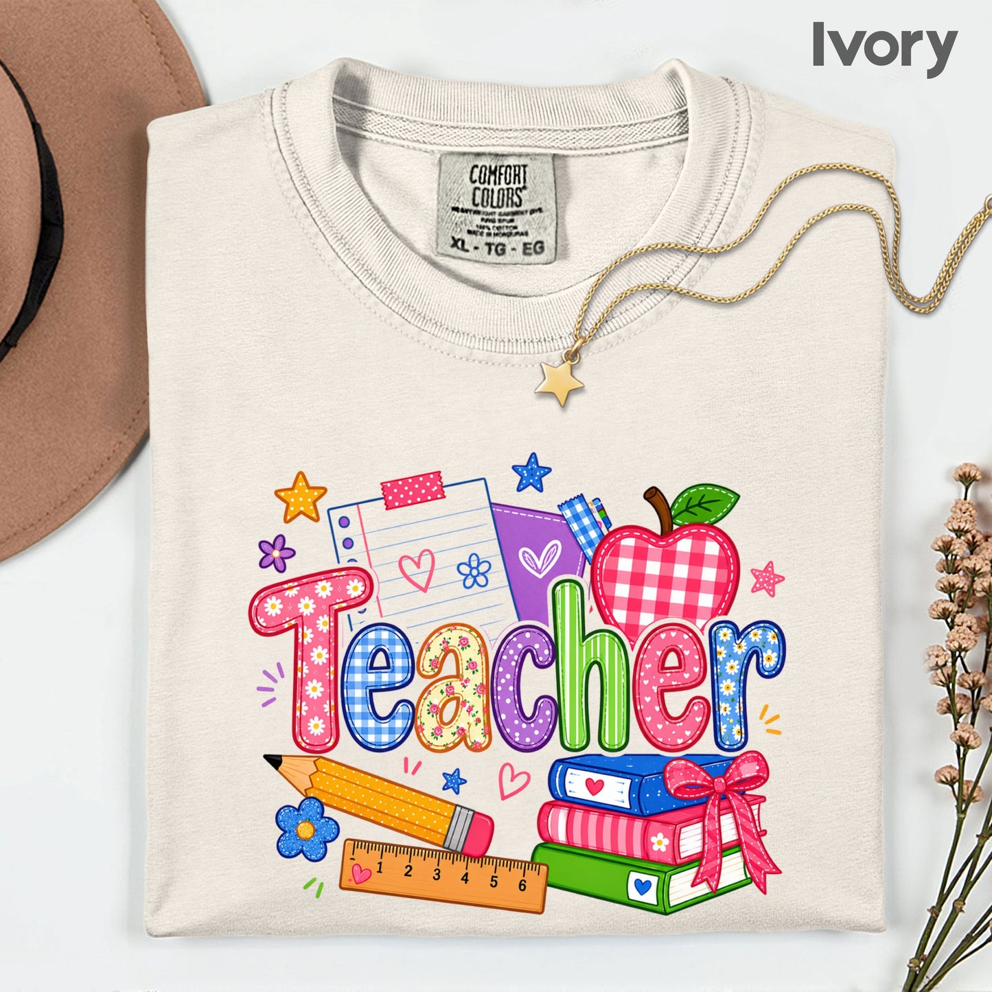 Teacher Apple Books Pencil T-Shirt, Colorful School Supplies Back to School Comfort Color Tee
